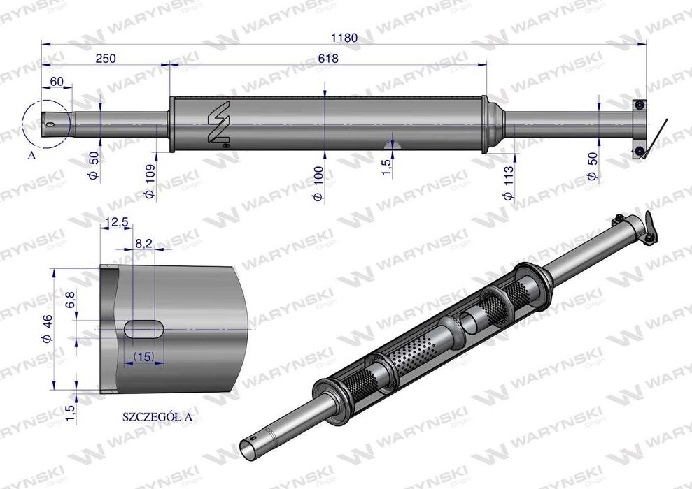 Tłumik okrągły długi 5.5kg 1180mm C-360 (prosty) INOX WARYŃSKI