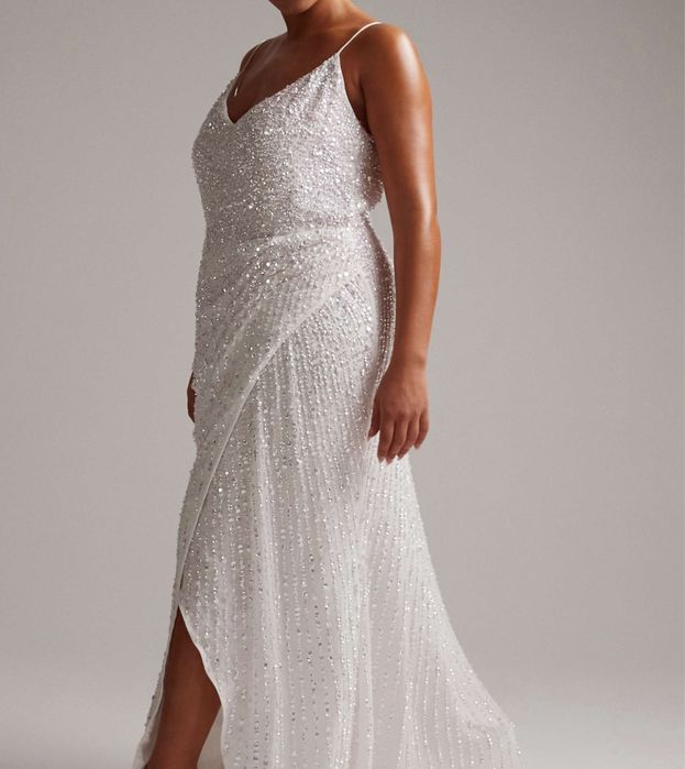 Asos cekinowa biała drapowana sukienka maxi 8 xl 56 7 xl 54