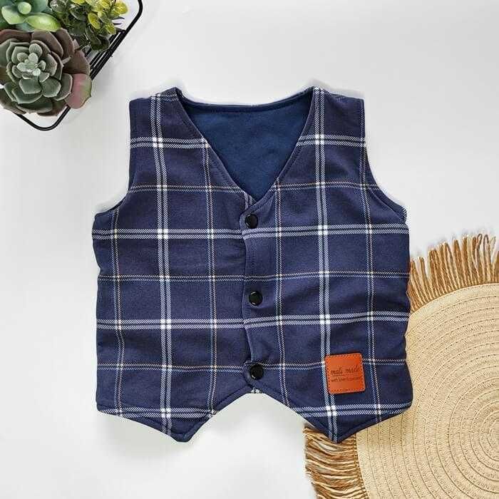 Elegancka chłopięca KAMIZELKA bawełniana granatowa krata garnitur 98