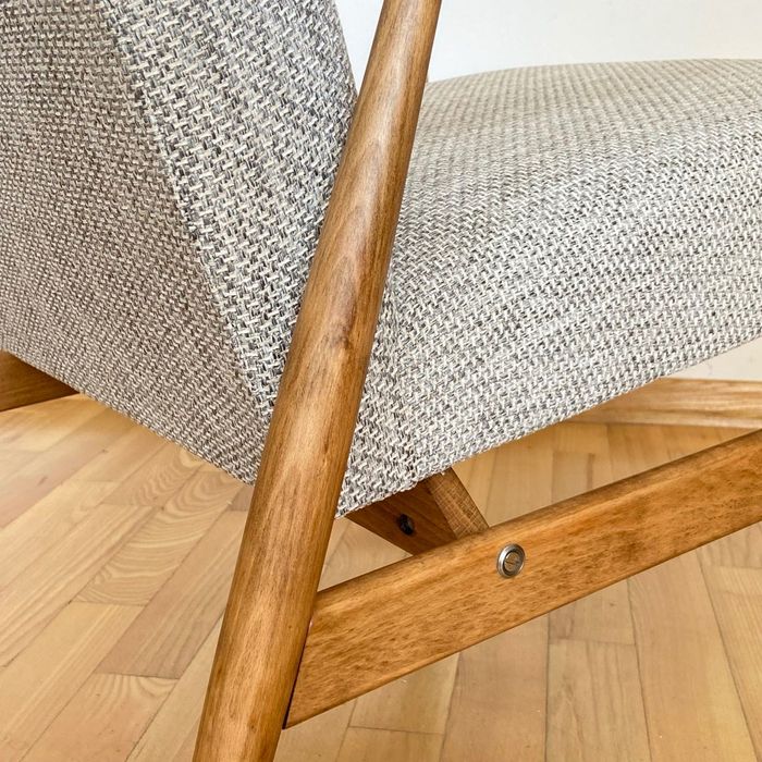 Fotel LISEK PRL klasyczny szary beżowy Jasny dąb pełna renowacja 16