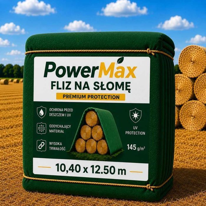 Fliz do słomy, fliz na siano i fliz do bel o wymiarach 10,4 x 12,5 m i gramaturze 145 g/m² tym rozmiarem przykryjesz 100 bel o średnicy 120 cm