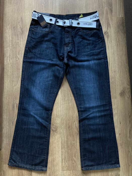 NOWE Męskie jeansy z paskiem ciemne L rozszerzane
