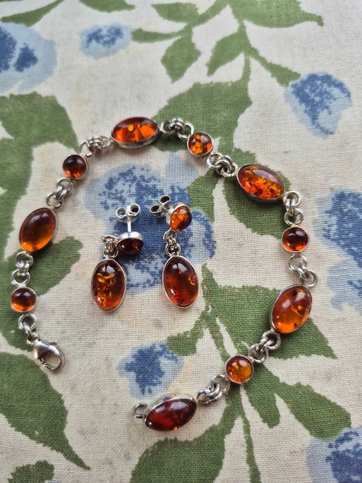 Srebrna bransoletka + kolczyki z bursztynem 925 sterling 12,5 gr