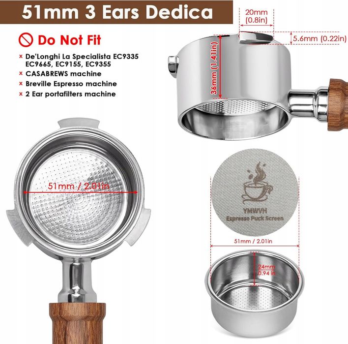 Kolba 51mm bez dna do espresso z 3 uchwytami do Delonghi Dedica