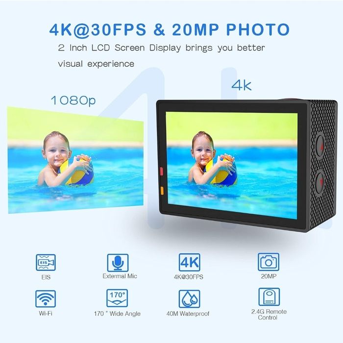 4K WiFi Sports Camera, 20 MP, 40 M64738211259521121