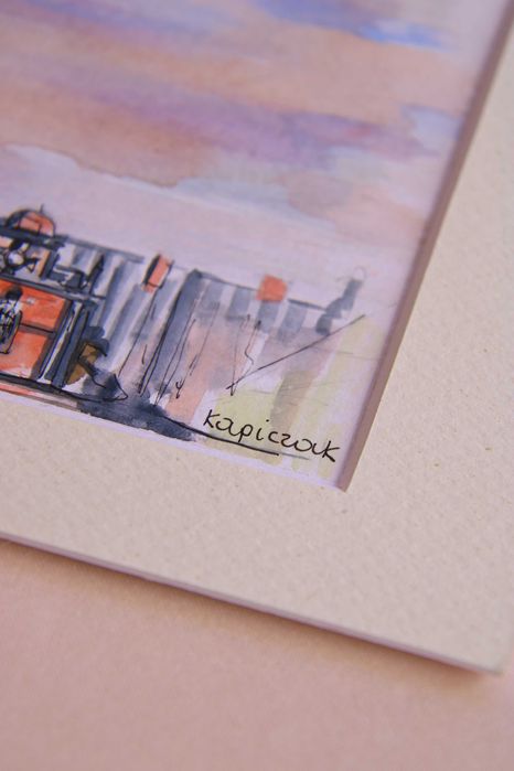 Akwarela z wieżą ratusza z passe-partout