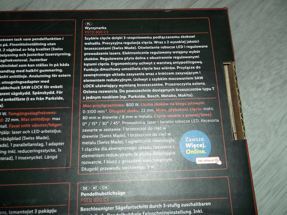 PARKSIDE Wyrzynarka, 800 W Laser, Podświetlenie, Brzeszczoty,