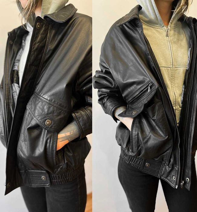 Kurtka skorzana vintage z niebieską podszewką skora naturalna oversize