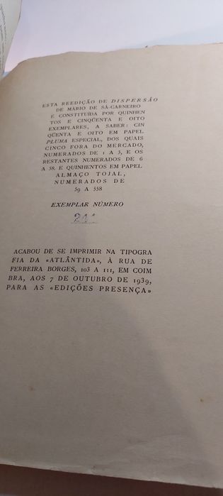 Dispersão - Mário de Sá Carneiro (2ª edição, 1939) | Ver Estado, Fotos