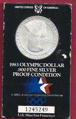E. U. AMERICA J.Olimpicos  1983  On Dollar   Proof   em Cartão alusico  Prata