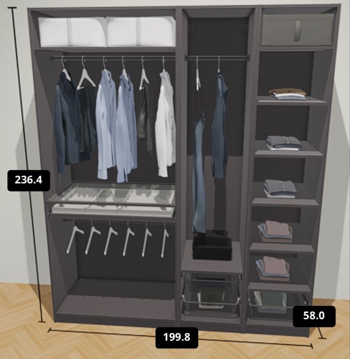 Szafa ikea PAX, 200x235, lustra, szuflady, półki, bardzo pojemna