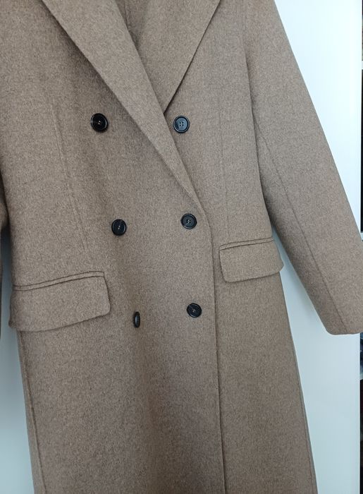 Massimo Dutti wełniany płaszcz przejściowy wiosenny beżowy długi midi