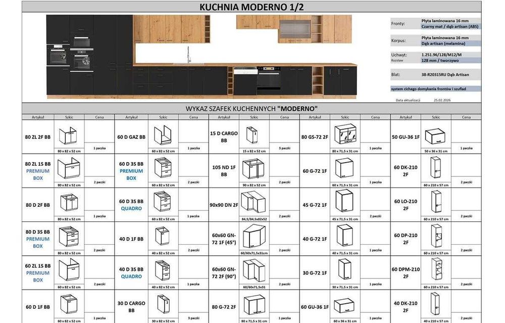 Zestaw mebli kuchennych modułowych MODERNO Dąb ARTISAN / Czarny MAT !!