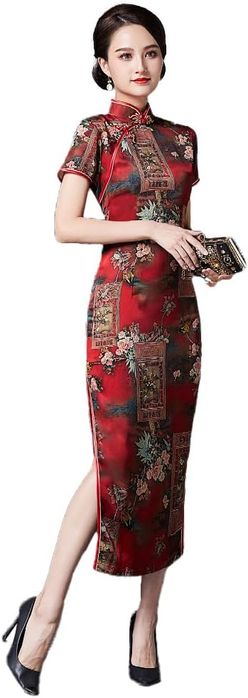 Women's Qipao Dress - Satin Midi, Red, Size 46 EU