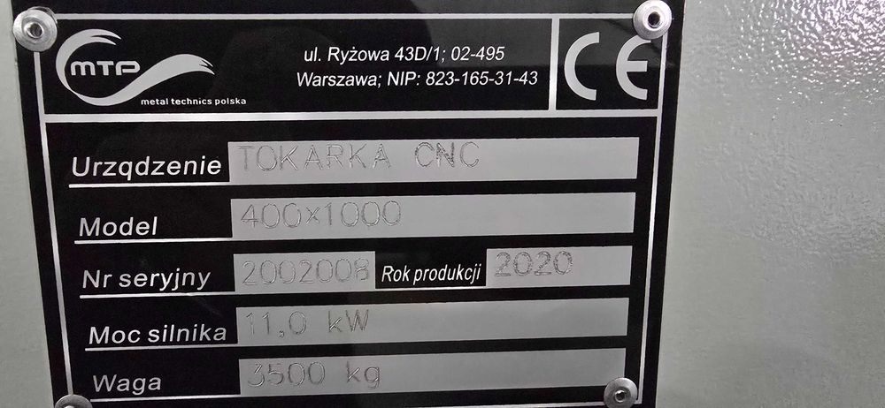 Tokarka CNC 400x1000 MTP  Prawie nowa 2020 rok
