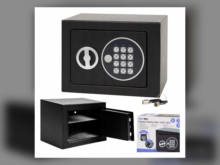NOWY Sejf Elektroniczny Szyfrowy Domowy Biurowy Na Dokumenty Pieniądze Klucze Kasetka Metalowy Czarny 17x23x17 Cm