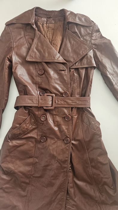 Skórzane płaszcz trencz bordowy skóra naturalna vintage