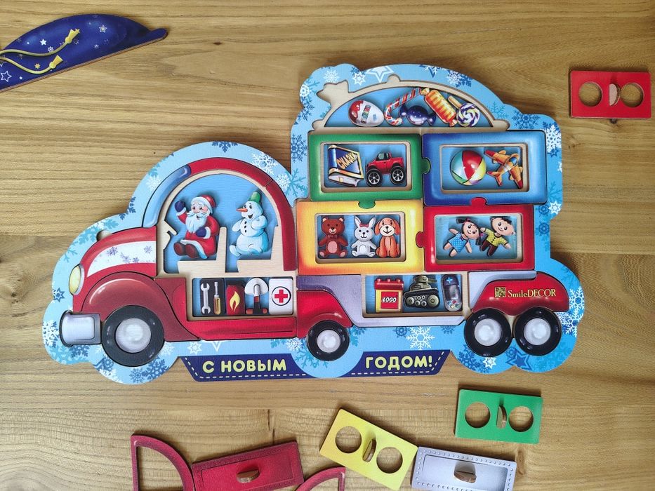 Дерев'яний багатошаровий пазл новорічна автівка, smile decor
