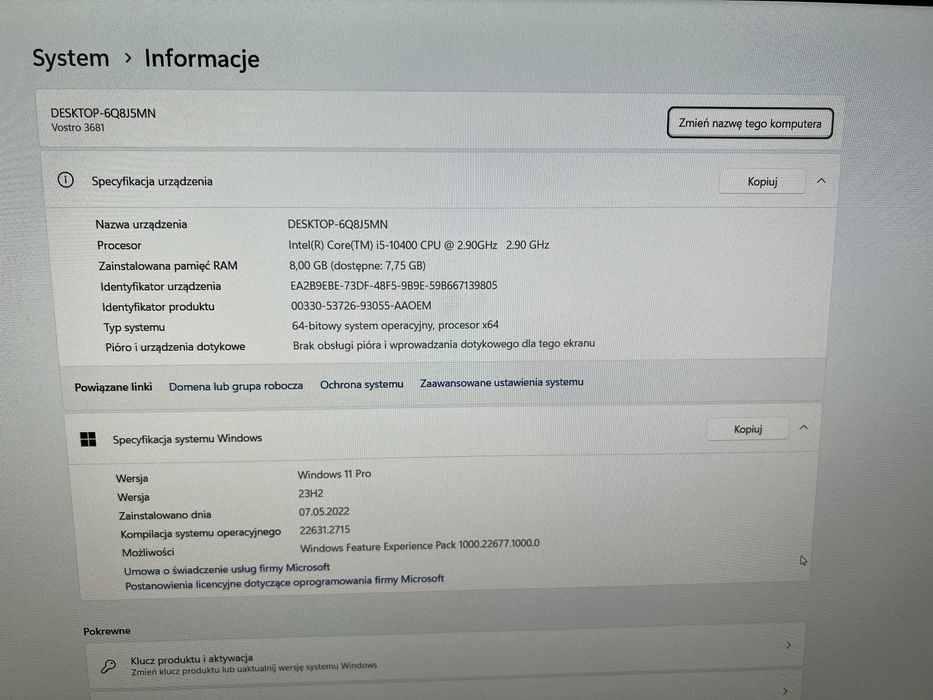 Komputer Dell Vostro 3681 I5 plus monitor Dell U2518D