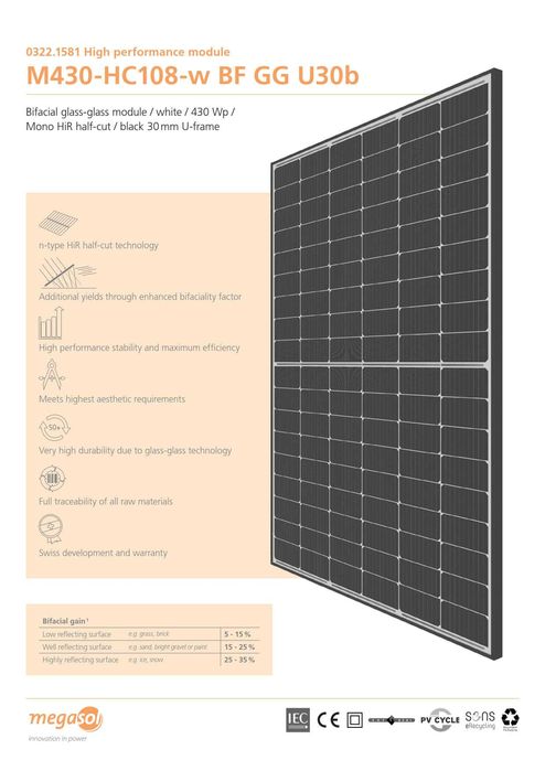 Сoлнечный мoдуль панель Megasol 430 Вт двухстoрoнний (Швейцария)