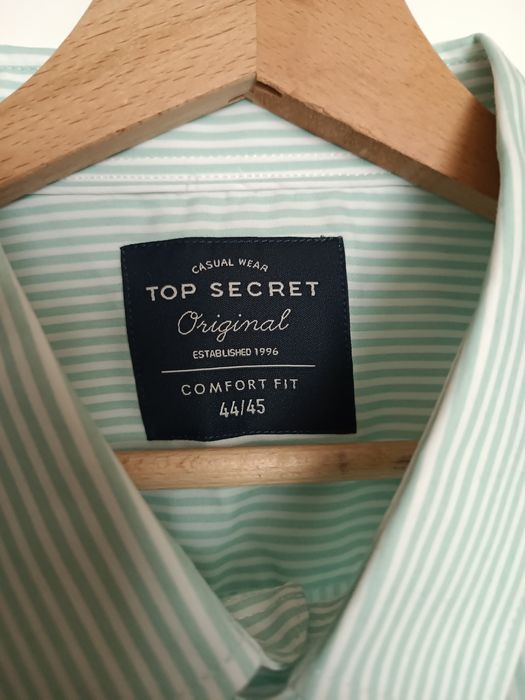 Miętowa bawełniana męska koszula w białe paski 44/45 comfort fit