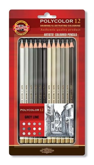 Kredki ołówkowe Polycolor Koh-i-Noor 3822 12 kolorów linia szarości opakowanie metalowe. Nowy Produkt