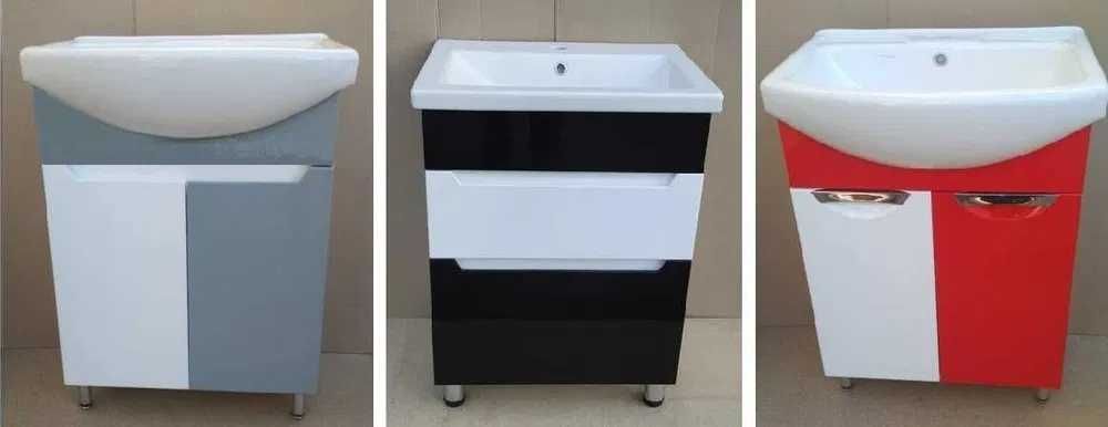 Новый комплект: тумба в ванну с цветной отделкой корпуса и раковина.