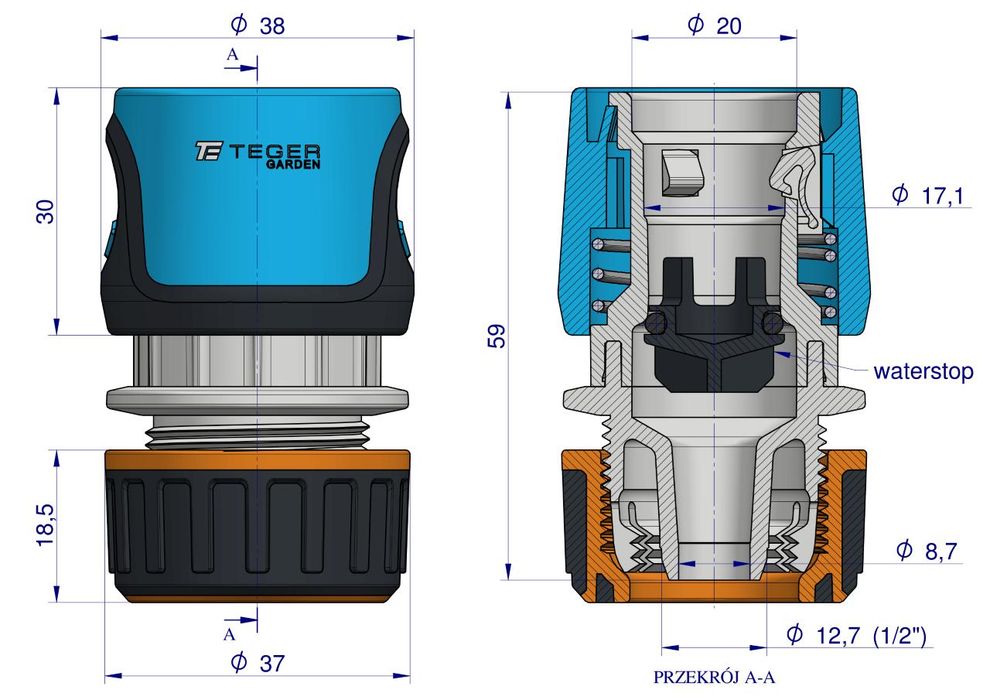 Szybkozłączka 1/2" do węża ogrodowe - z waterstop / TEGER Solidna