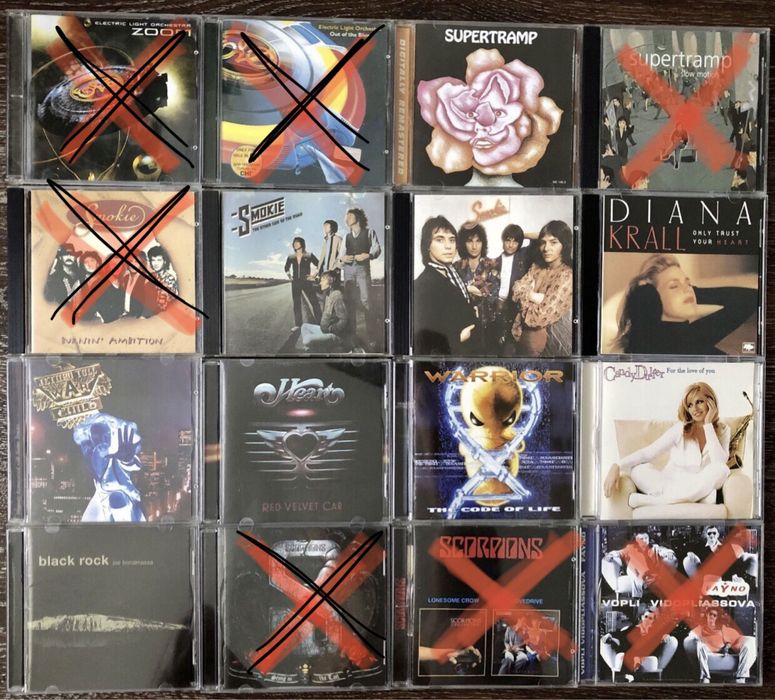CD диски: Super Tramp. Azia. Paul Mccartney. ВВ. Smokie. Skorpions. Creedence. G. Moore.