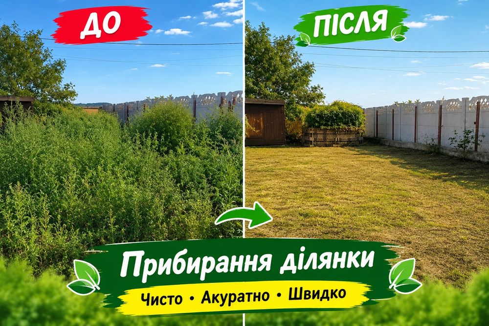 Розчистка території, зрізання дерев, подрібнення гілок  та прибирання прибудинкових ділянок під ключ