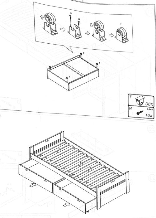 Beliche com duas camas,  roupeiro e gavetas. Inclui uma secretaria