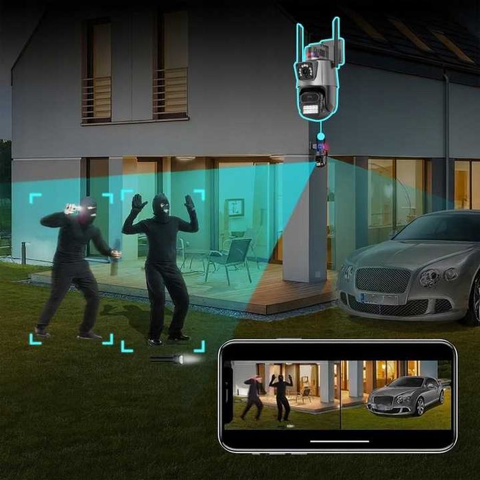 Podwójna kamera obrotowa WiFi Detekcja Audio Zewnętrzna IP UHD 6MPx