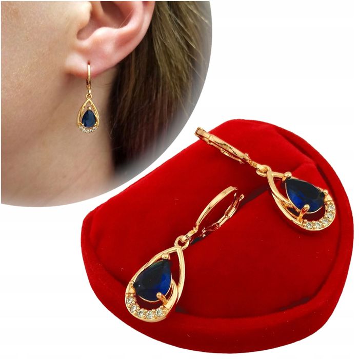 Złote Kolczyki Szafirowe Granatowa Łezka Z Cyrkoniami  Pozłacane K1779