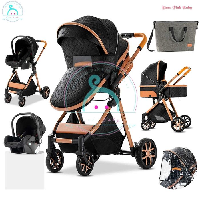 Carrinho bebé 3 em 1 PinkBaby Magic Gold - Com Base Isofix - Preto