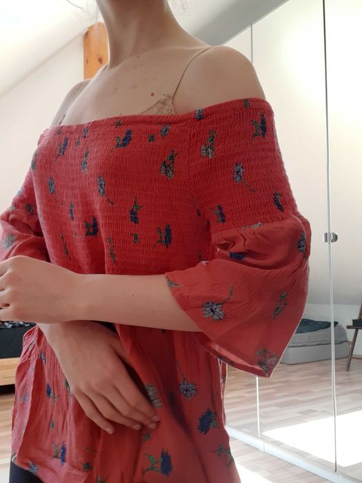 różowa malinowa wiskozowa bluzka hiszpanka odkryte ramiona Sinsay XL