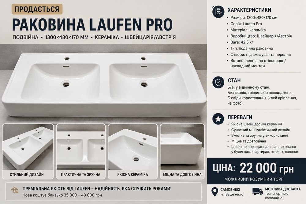 Раковина Laufen Pro 130 см подвійна, кераміка, Швейцарія