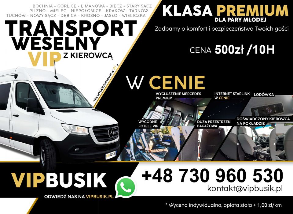 Kierowca Weselny, Rozwożenie gości, Transport imprezowy - Gorlice + 30km