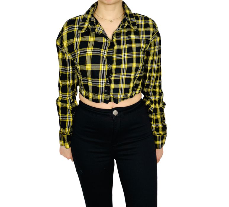 Krótka koszula w kratę żółto-czarna M 38