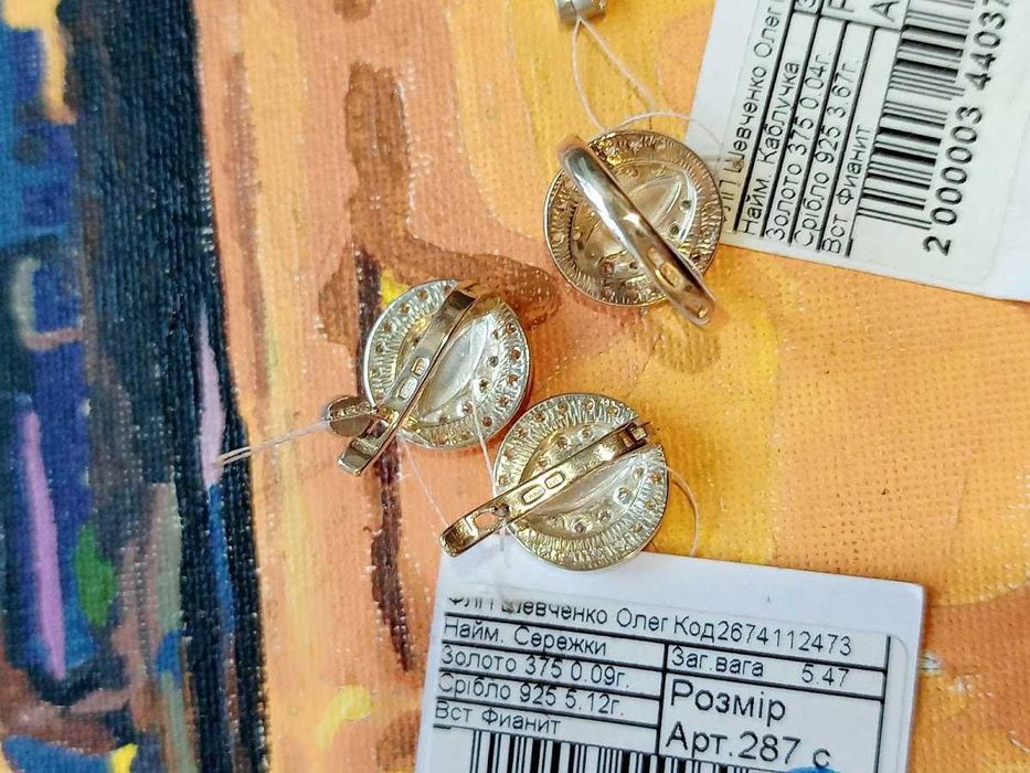 Серьги + кольцо, серебро 925 + золото 375, с золотыми пластинами