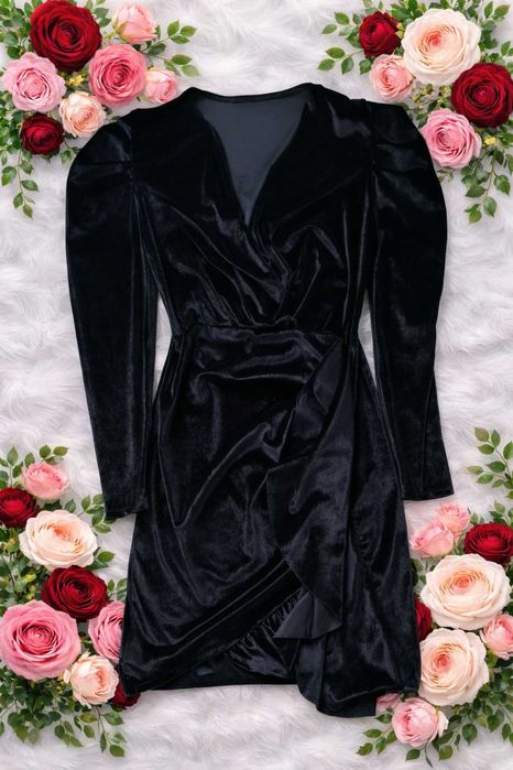 Welurowa sukienka włoska z dużym dekoltem stan idealny roz XS/S {61}