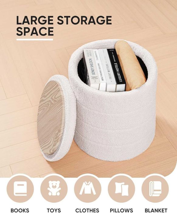 Pufe de Armazenamento Bonlife Bouclé com Tampa | Banco de Apoio aos Pés Dobrável | Ottoman Sherpa Branco para Sala e Quarto | 37×37×45 cm