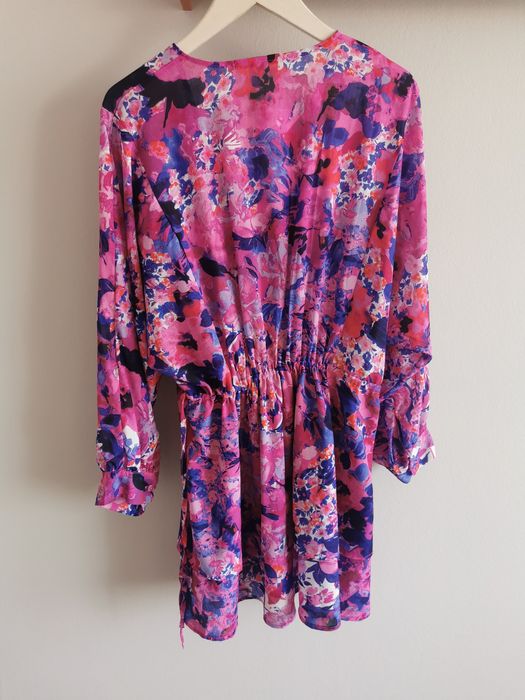 Krótka zwiewna wielokolorowa sukienka bufiaste rękawy kwiaty S flower