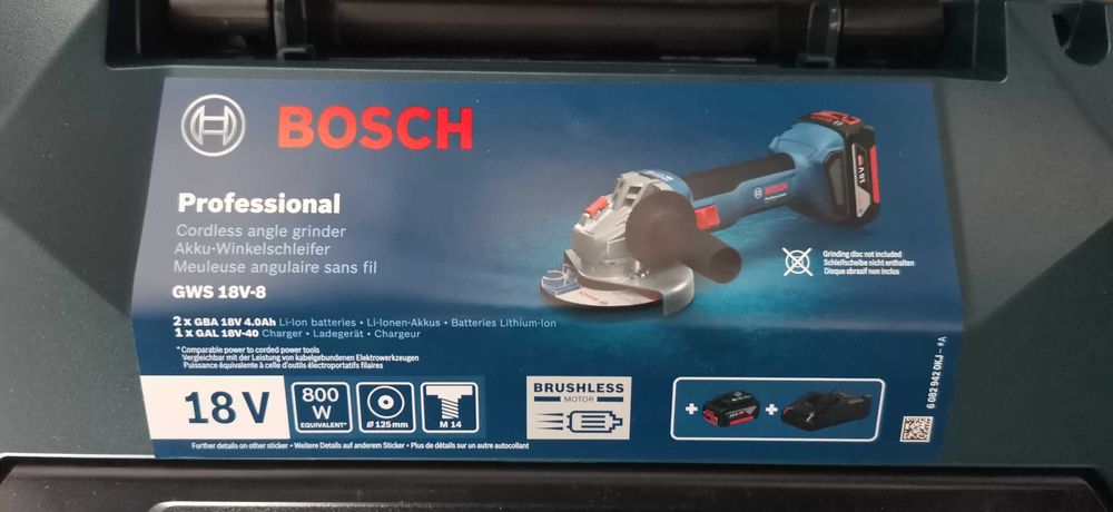 Szlifierka kątowa Bosch GWS 18V-8, bateria 2x GBA 4.0Ah, ładowarka.