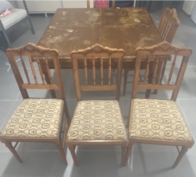 Mesa Antiga Sala com Aumento  e 5 Cadeiras