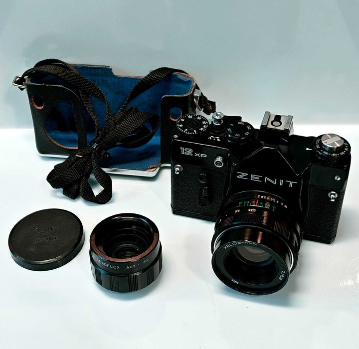 Aparat Lustrzanka Zenit 12XP + Obiektyw Helios-44M 2/58  + Adapter ob + Futerał + Dekiel ! Zabytek ! Retro PRL ! Zabytkowy Foto Analog Super Zestaw !