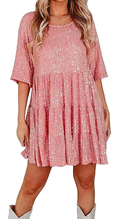 NOWA cudna sukienka z cekinów r. 5 XL - bal, wesele, impreza - różowa