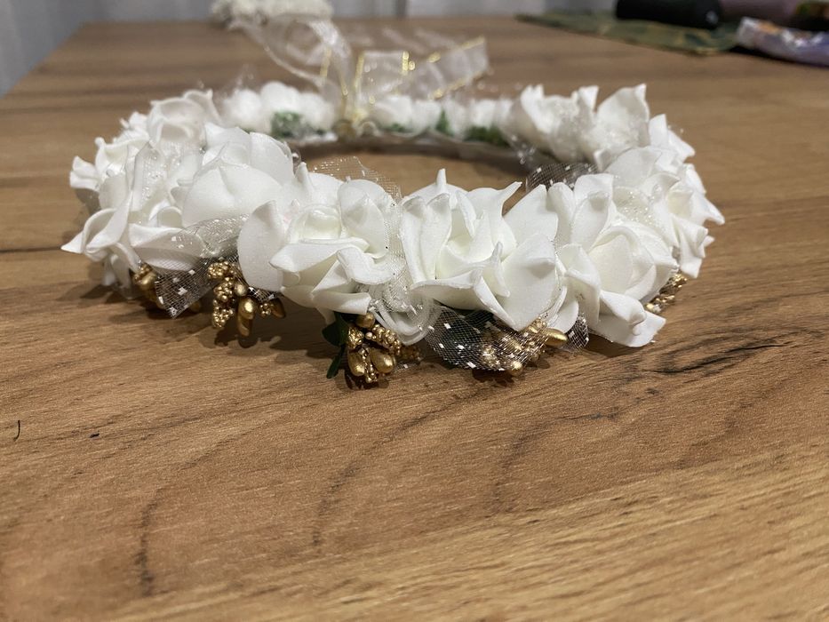 Nowy Wianek wianuszek komunijny biało zloty regulowany handmade