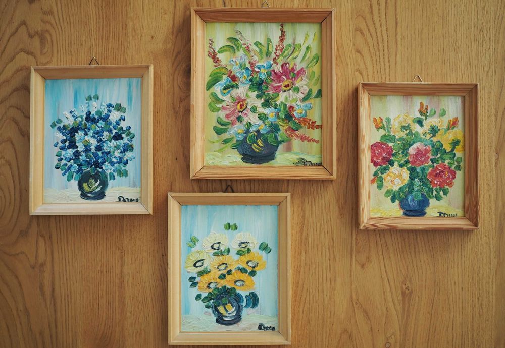 Stare obrazki olejne na dykcie, kwiaty, Krystiana Drzysga