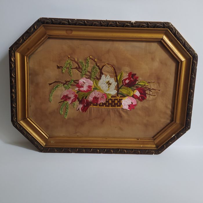 Obraz haftowany na jedwabiu XIX wiek