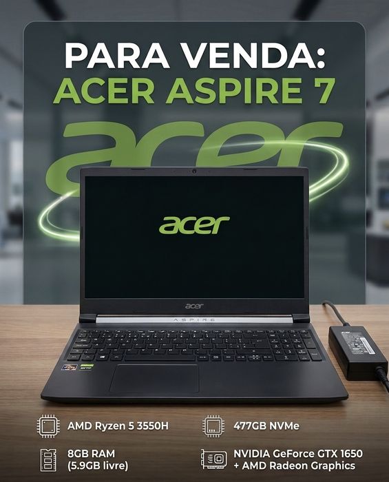 Acer Aspire 7 Gaming | Ryzen 5 | GTX 1650 | 477GB | Bateria Impecável